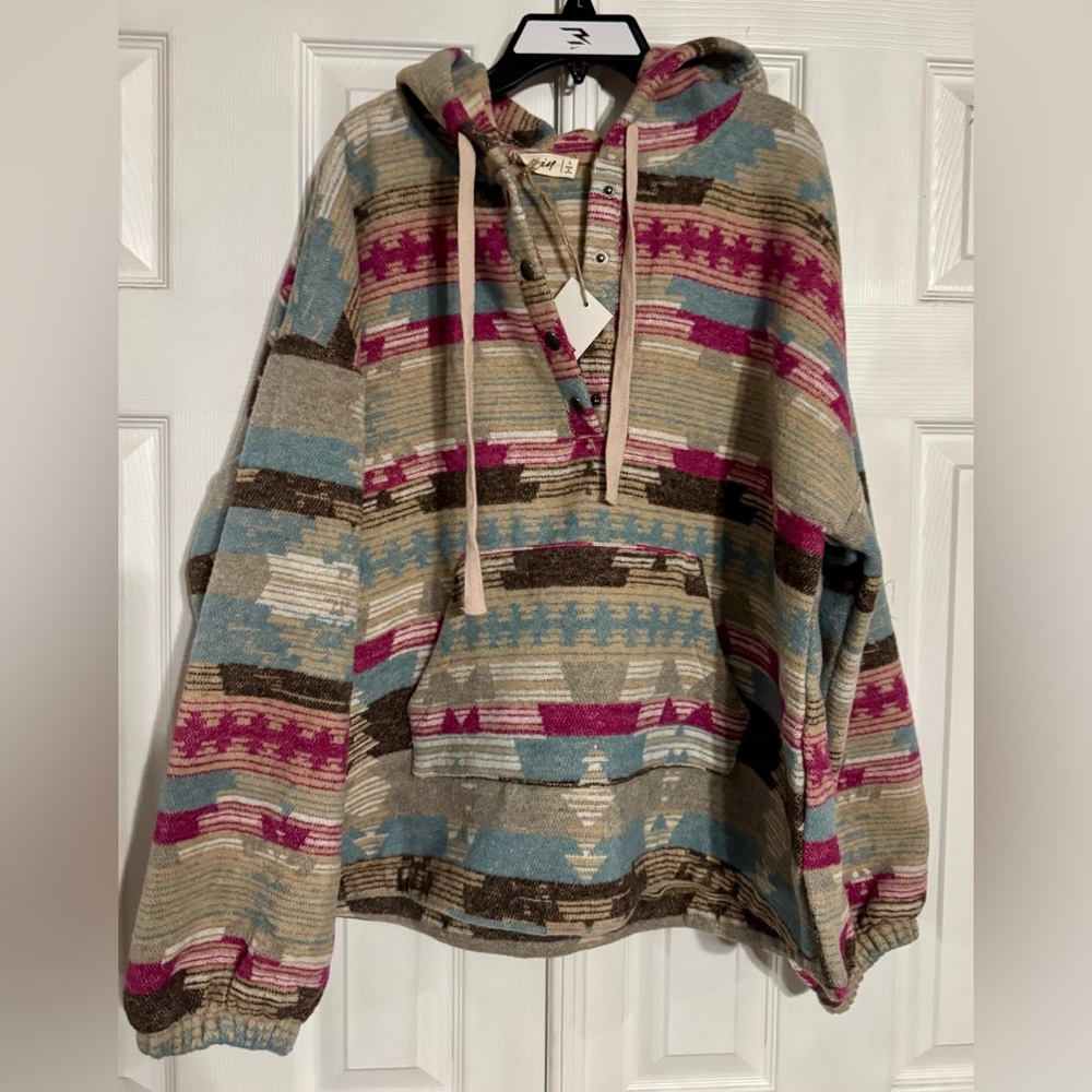 New in brand Aztec pull over with hood, size large.